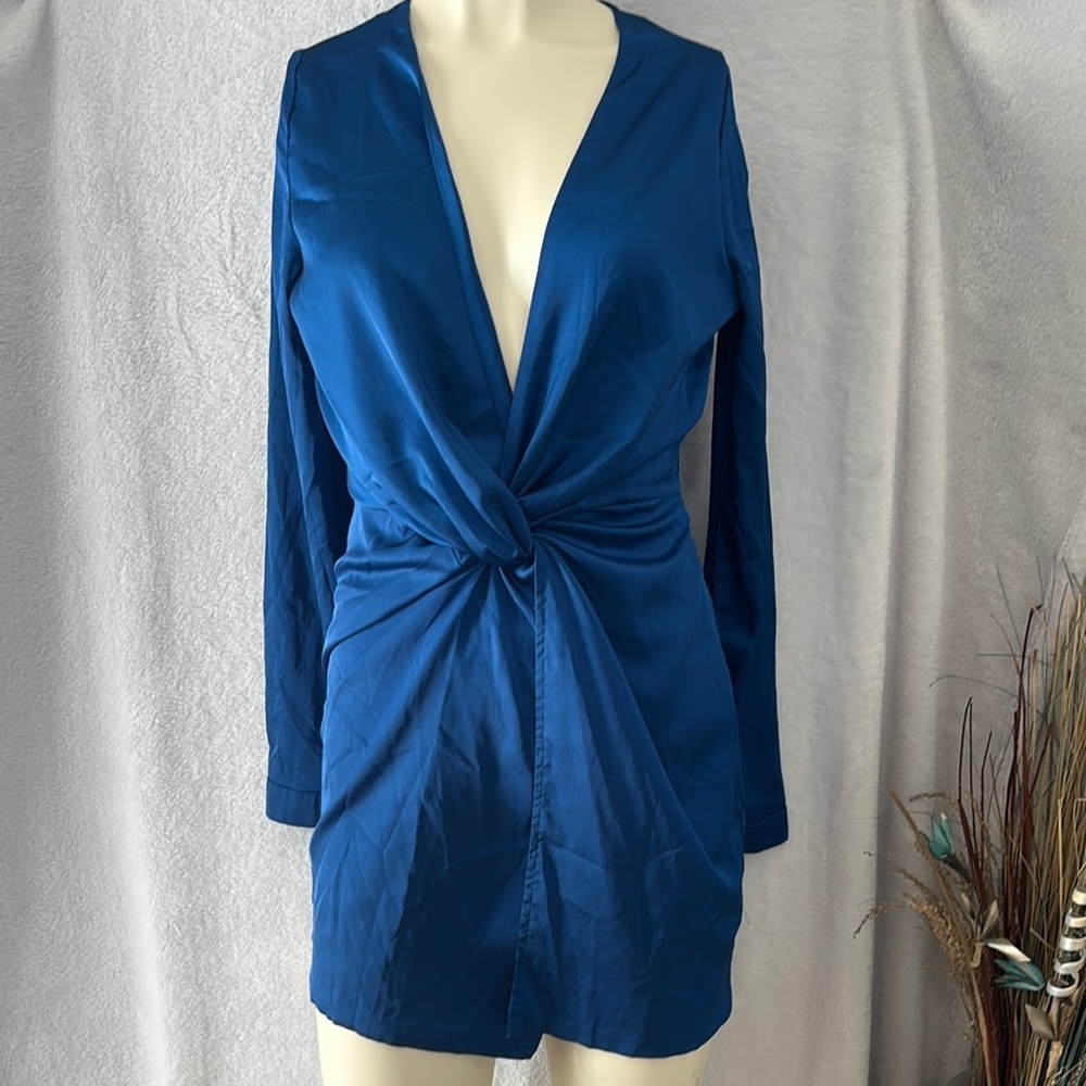Twist Front Mini Dress Long‎ Sleeve Party Cocktail Club Blue